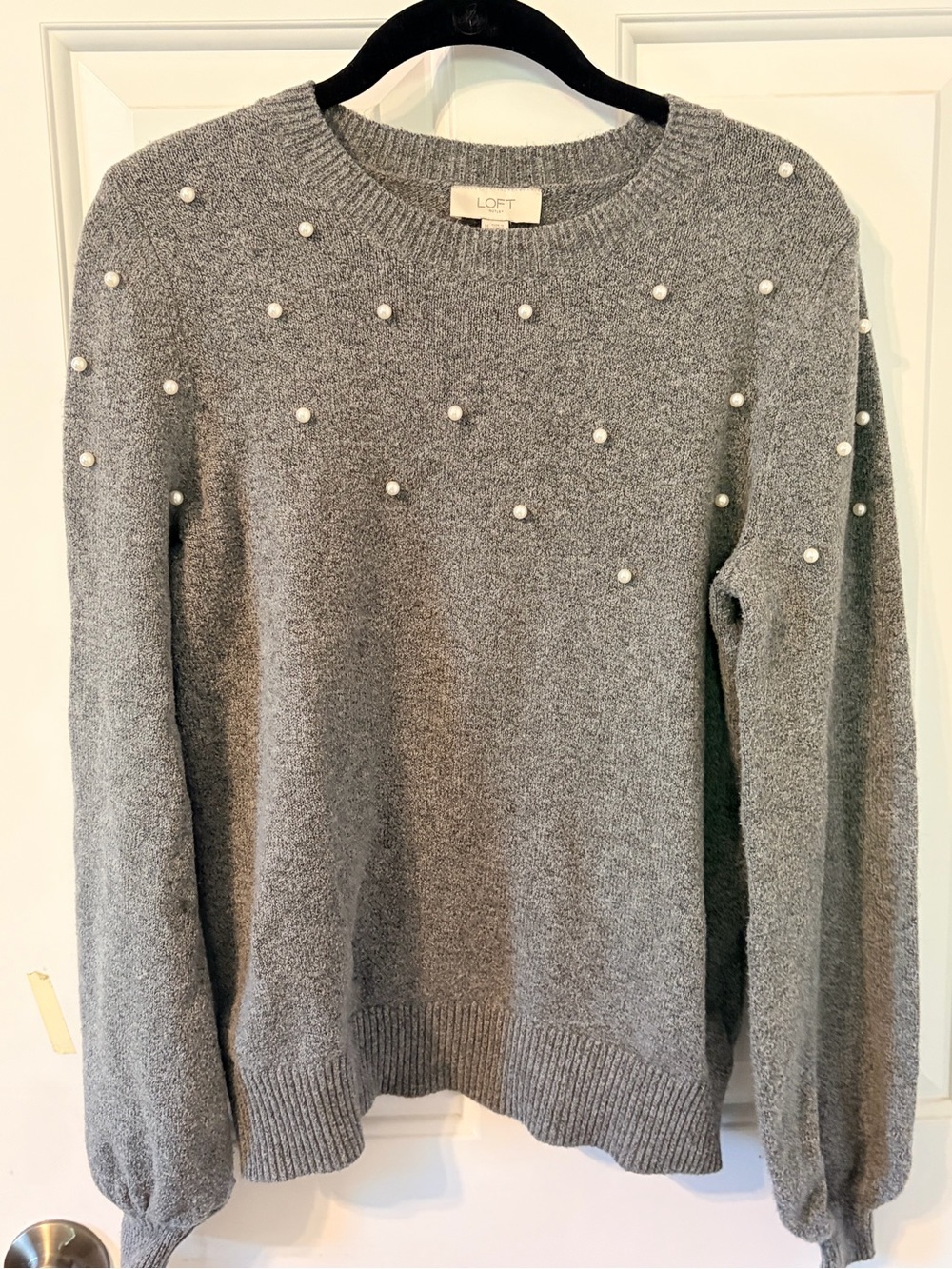 LOFT Gray Crewneck Sweater with Faux Pearl Accents